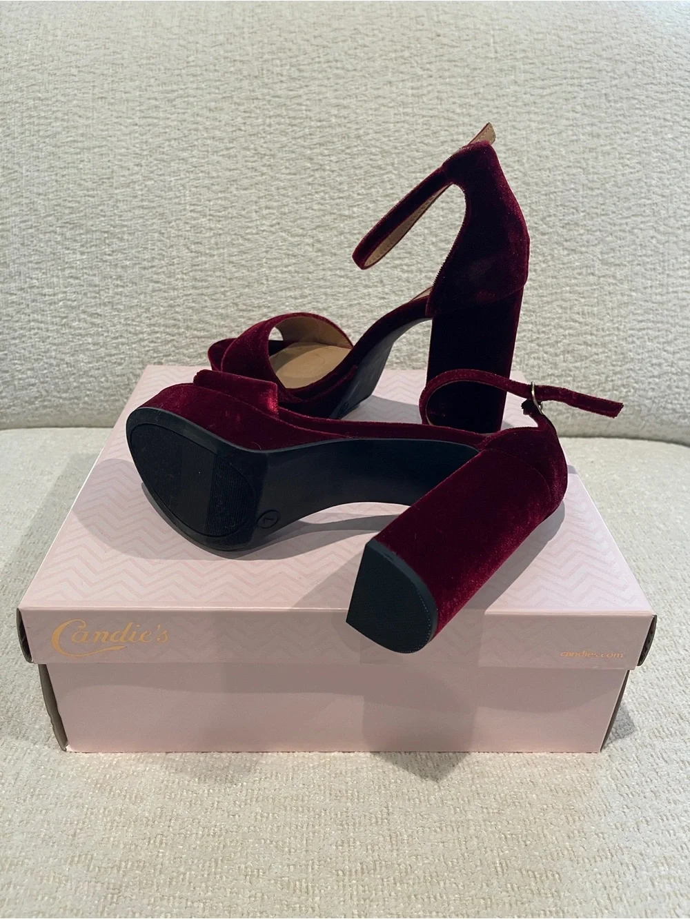 Candie’s Velvet Ankle-Strap Platform Heels - Wine Velvet